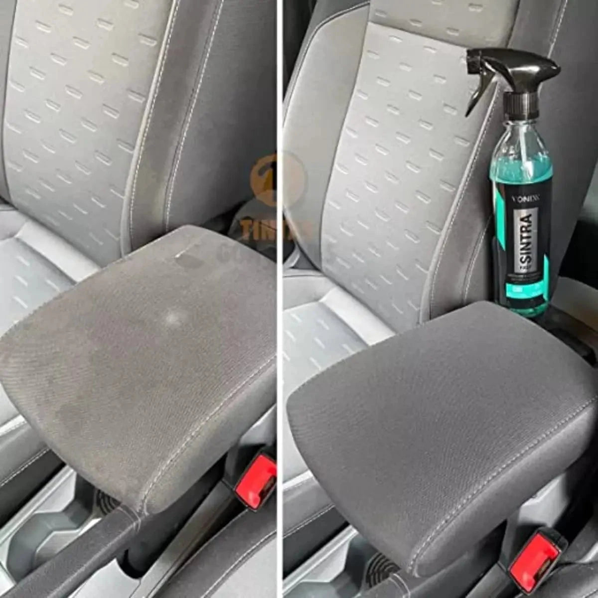 Before and after car seat cleaning using SINTRA from the Full Car Wash Kit Vonixx, showing effective interior fabric restoration.