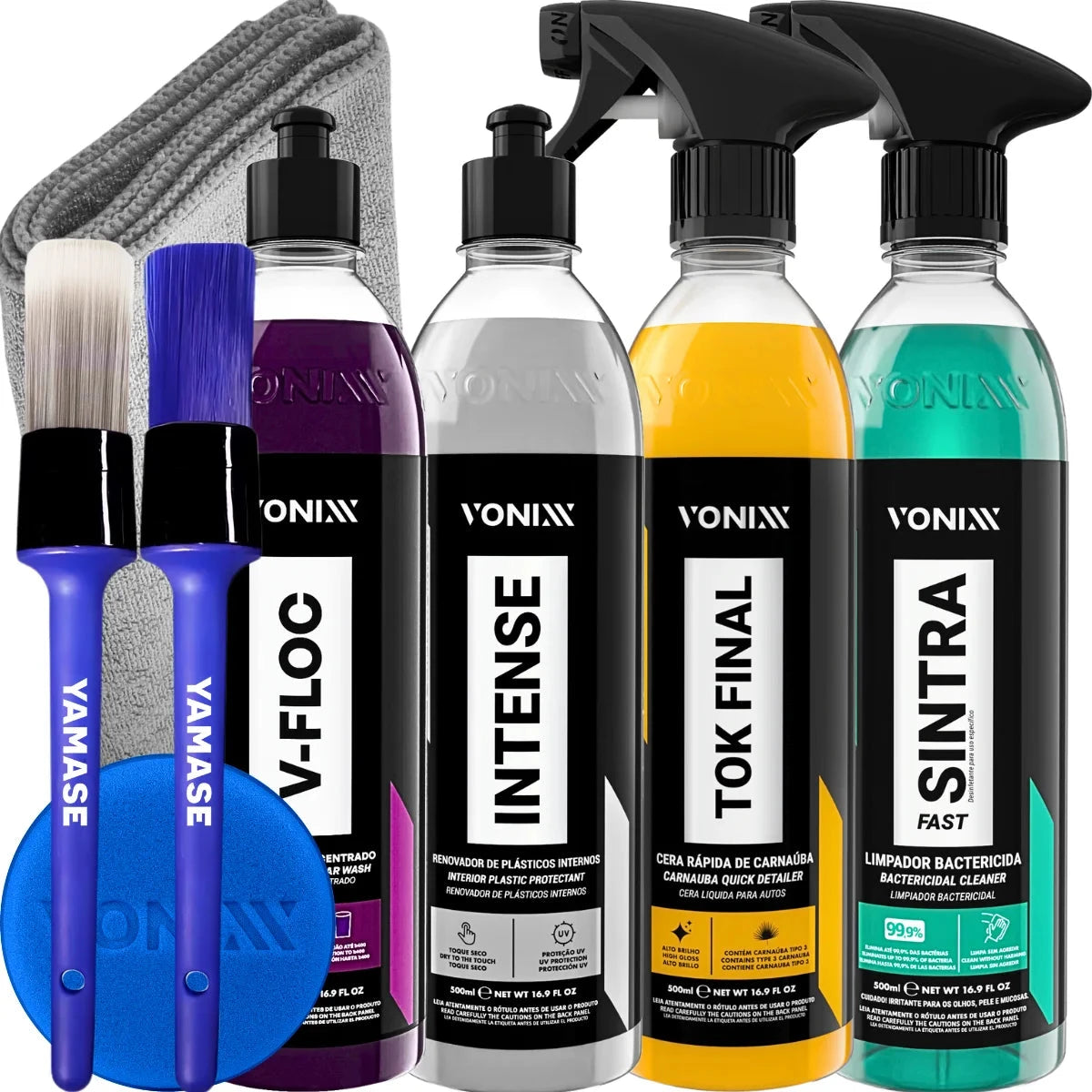 Full Car Wash Kit Vonixx 9-Piece Premium Detail Kit with brushes, microfiber towels, and 4 detailing solutions for complete vehicle cleaning.