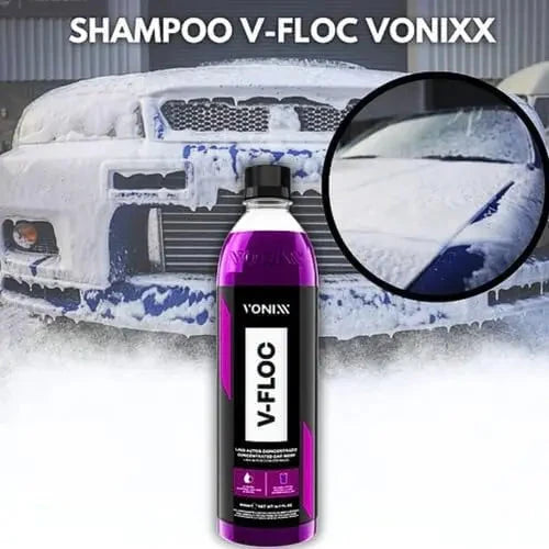 Vonixx V-FLOC shampoo from the Full Car Wash Kit creating thick foam on a car hood, ideal for deep exterior vehicle cleaning.