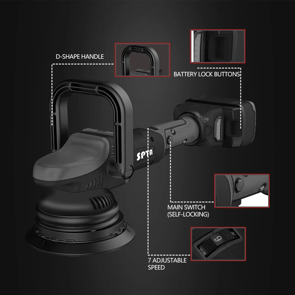 SPTA 18V 125mm Cordless Dual Action Car Polisher Orbit Polishing Machine Set Two 4000Ahm Battery for Buffing Waxing