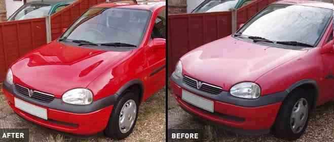 Before and after image of a car undergoing premium paint correction, clay bar treatment, and sealant application showcasing enhanced shine and restored surface.