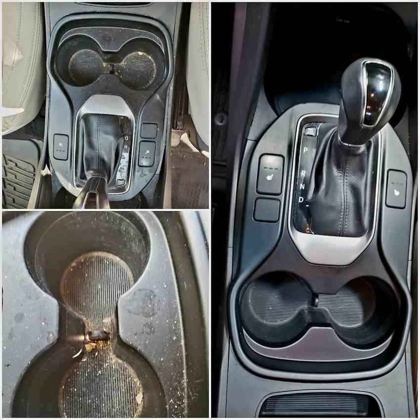 Car interior before and after Express Standard Interior Detail showing cup holder and gearshift cleaning transformation.