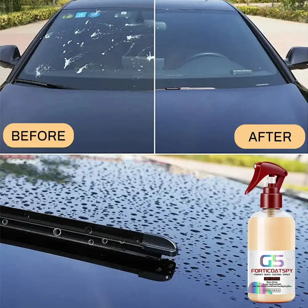 Ceramic Quick Spray - Super Hydrophobic Coating enhances car shine with high-gloss finish and water-repellent protection on black car hood.