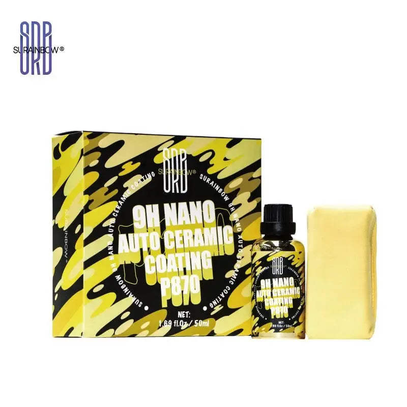 9H Ceramic Coating 50ml Auto Nano Ceramic Coating Kit by SRB with yellow camo box, applicator sponge, and protective bottle for car exterior care.