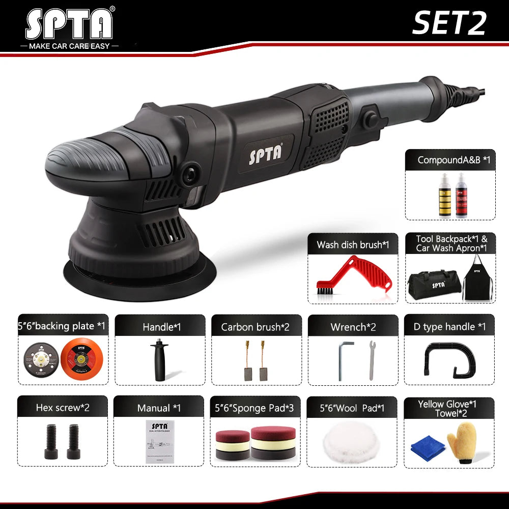 SPTA 5inch 780W Dual Action Polisher Orbit 15mm Auto Polisher DA Car Polisher Home DIY Polisher with Waxing Polishing Pads Set