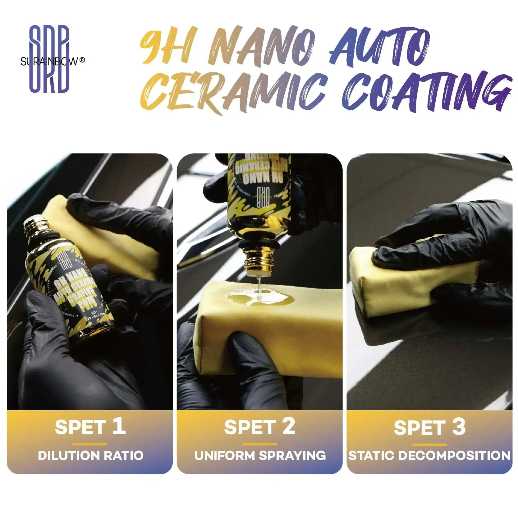 9H Ceramic Coating 50ml Auto Nano Ceramic Coating Kit by SRB with yellow camo box, applicator sponge, and protective bottle for car exterior care.