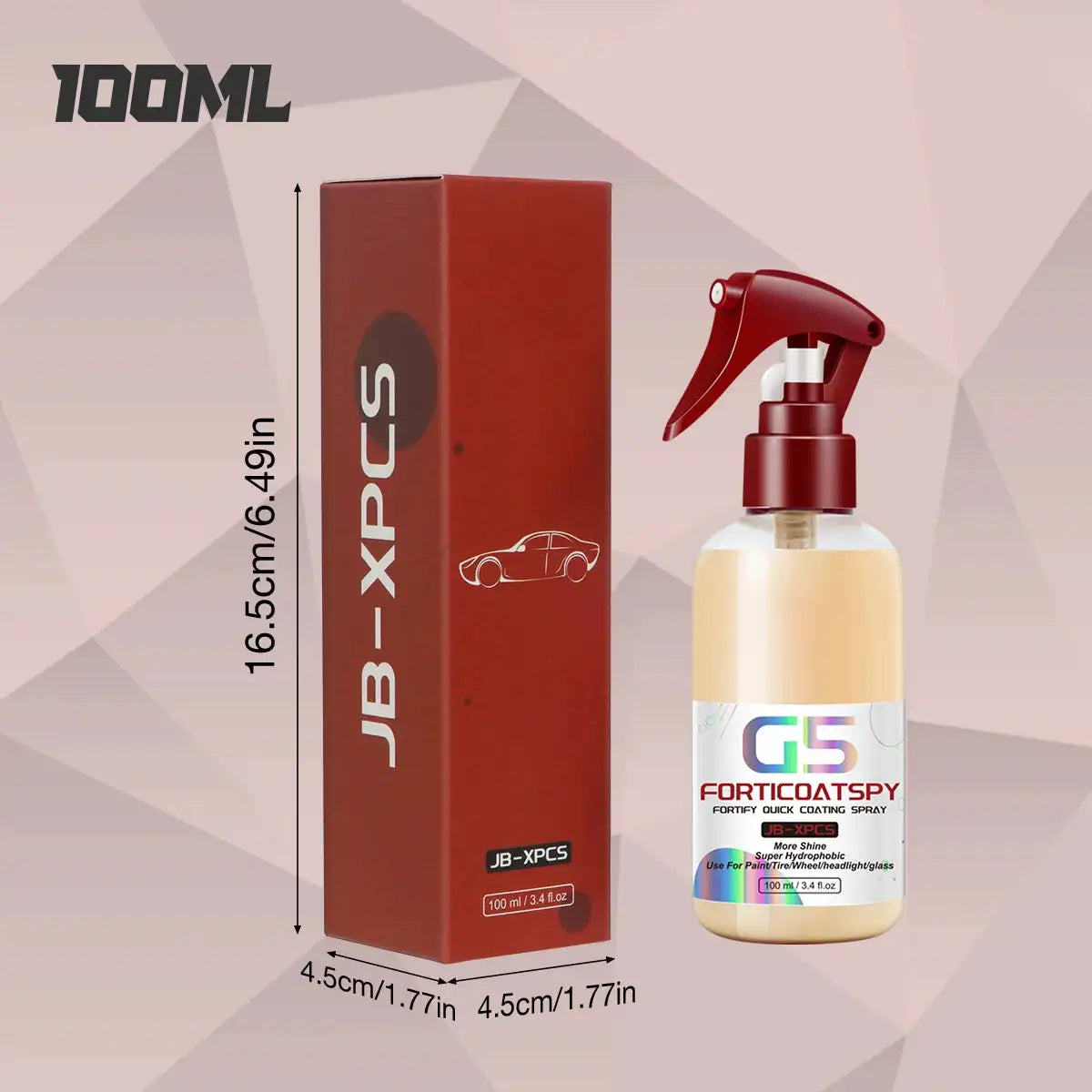 Ceramic Quick Spray - Super Hydrophobic Coating enhances car shine with high-gloss finish and water-repellent protection on black car hood.