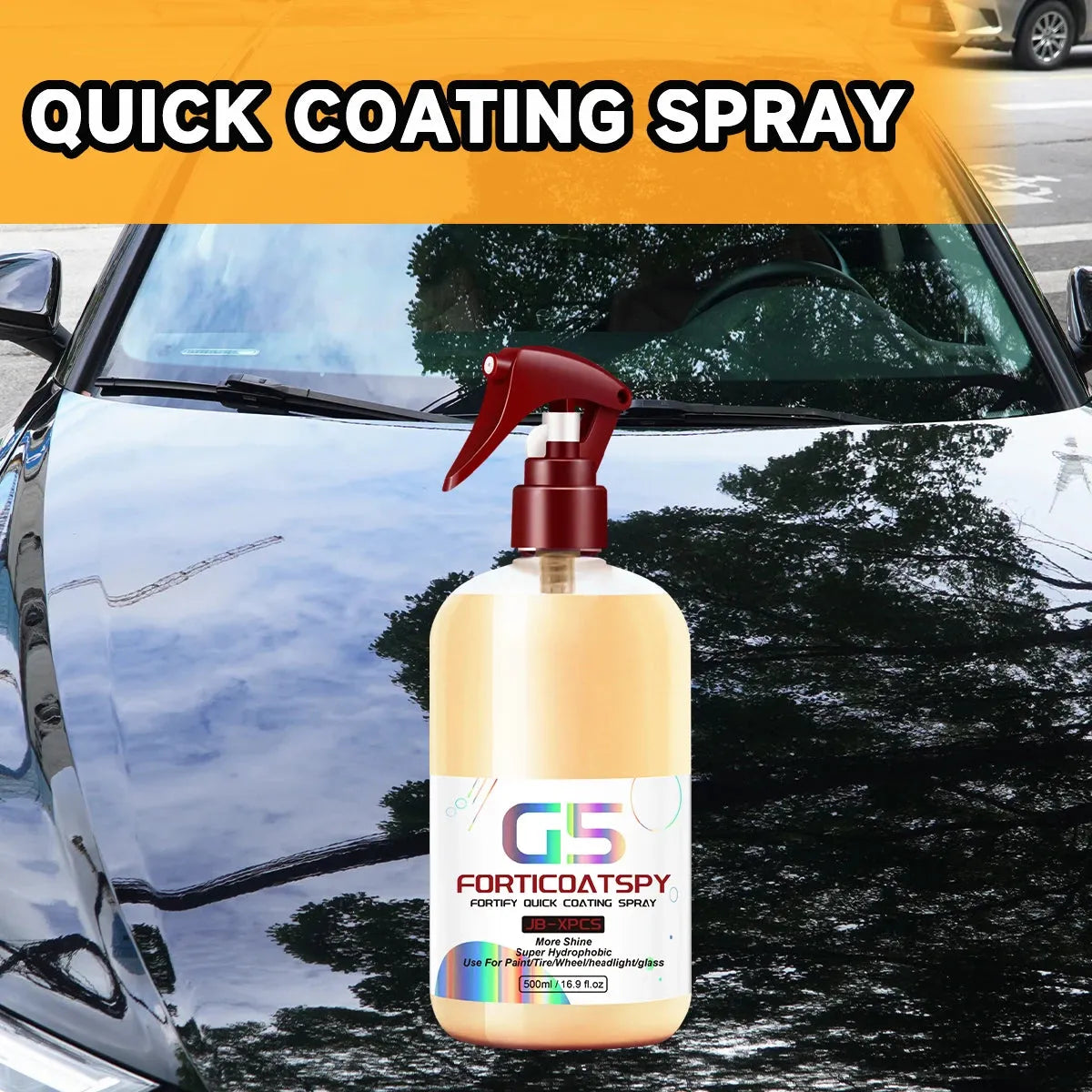 Ceramic Quick Spray - Super Hydrophobic Coating enhances car shine with high-gloss finish and water-repellent protection on black car hood.