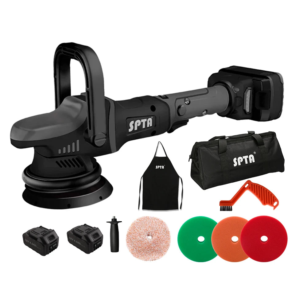 SPTA 18V 125mm Cordless Dual Action Car Polisher Orbit Polishing Machine Set Two 4000Ahm Battery for Buffing Waxing