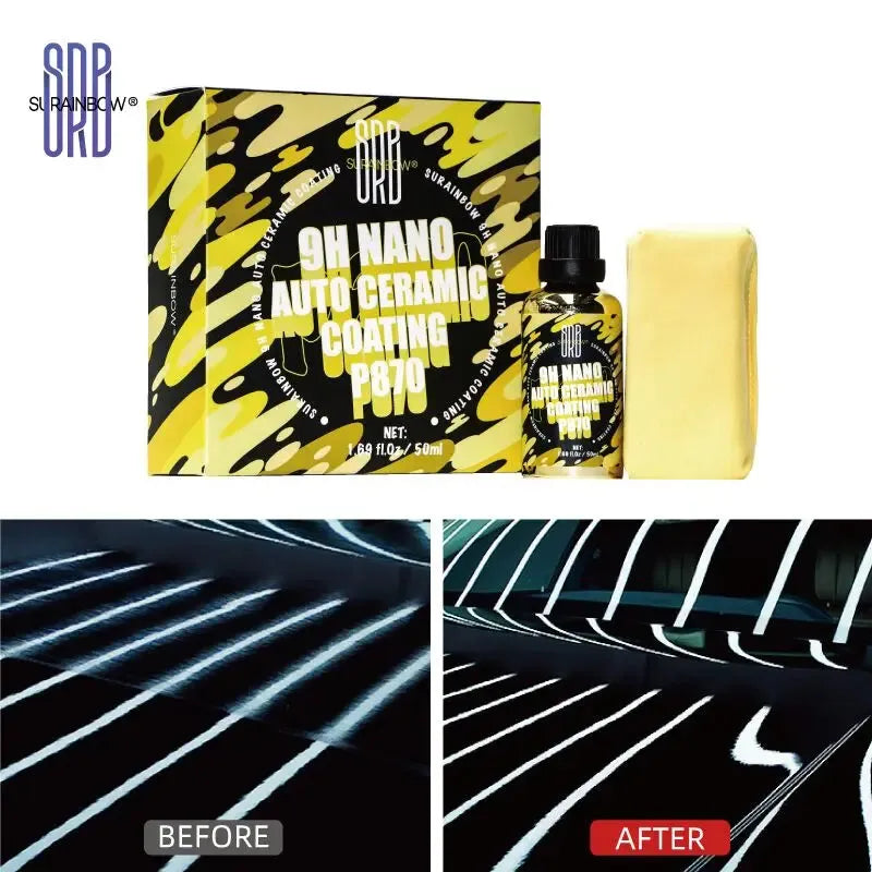9H Ceramic Coating 50ml Auto Nano Ceramic Coating Kit by SRB with yellow camo box, applicator sponge, and protective bottle for car exterior care.