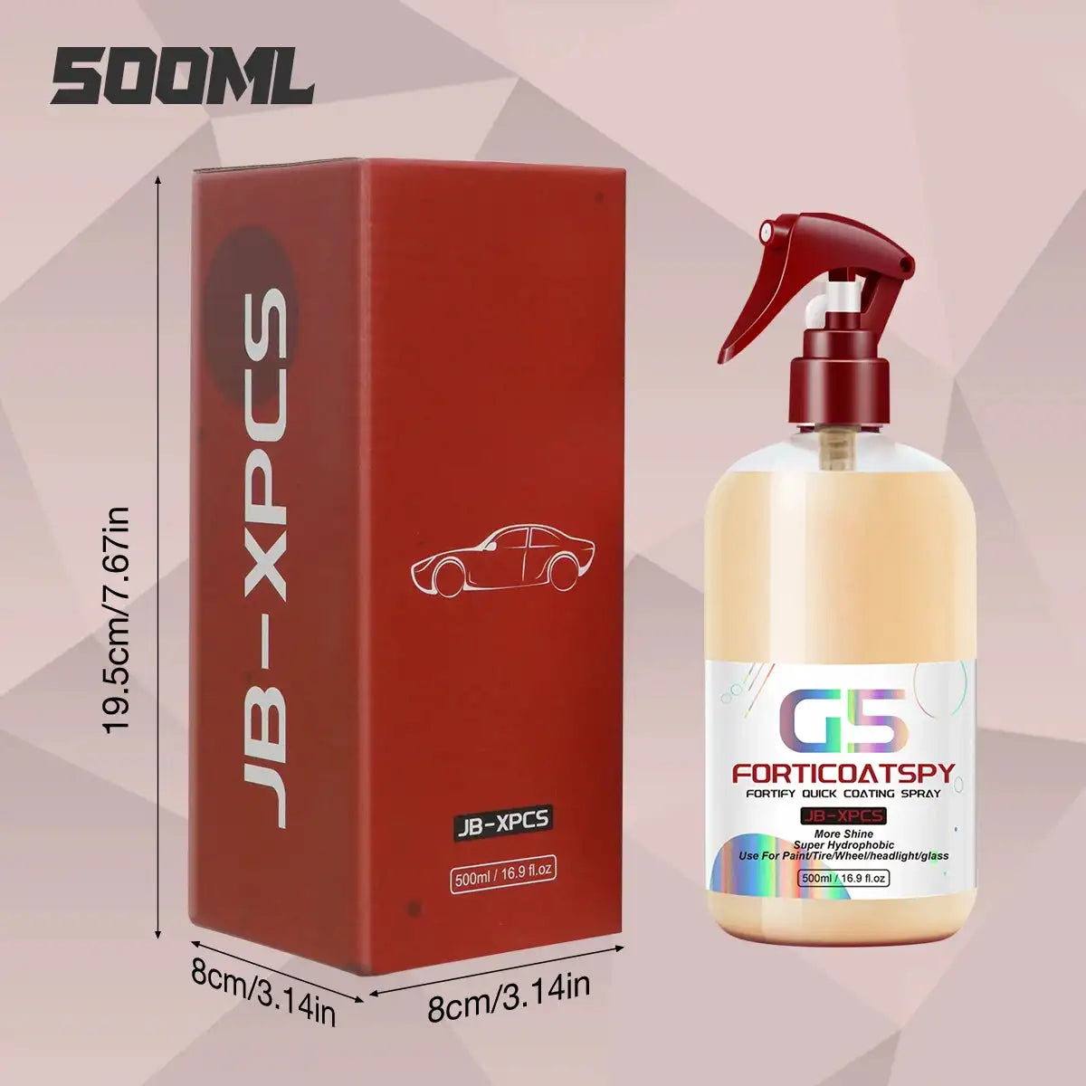 Ceramic Quick Spray - Super Hydrophobic Coating enhances car shine with high-gloss finish and water-repellent protection on black car hood.