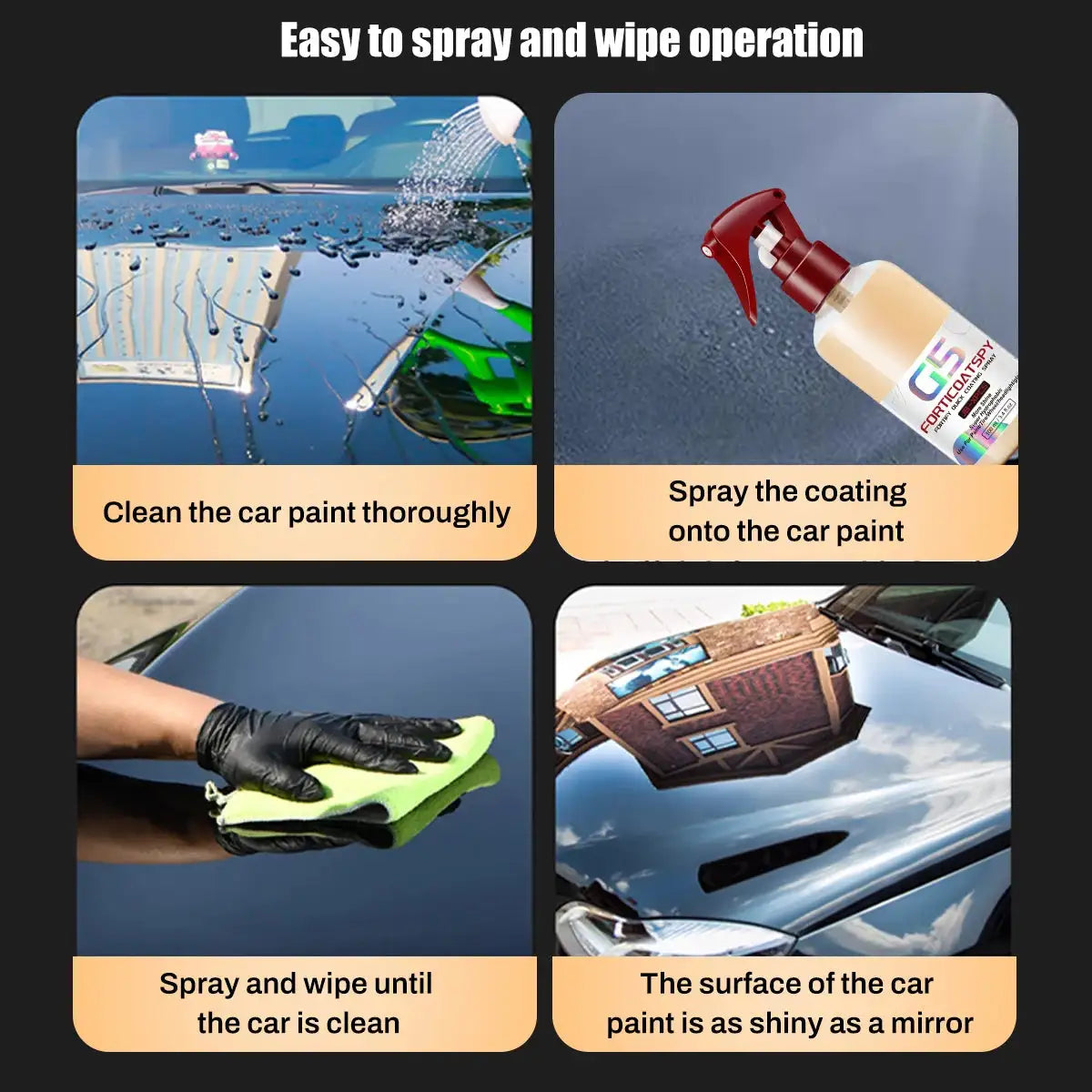 Ceramic Quick Spray - Super Hydrophobic Coating enhances car shine with high-gloss finish and water-repellent protection on black car hood.
