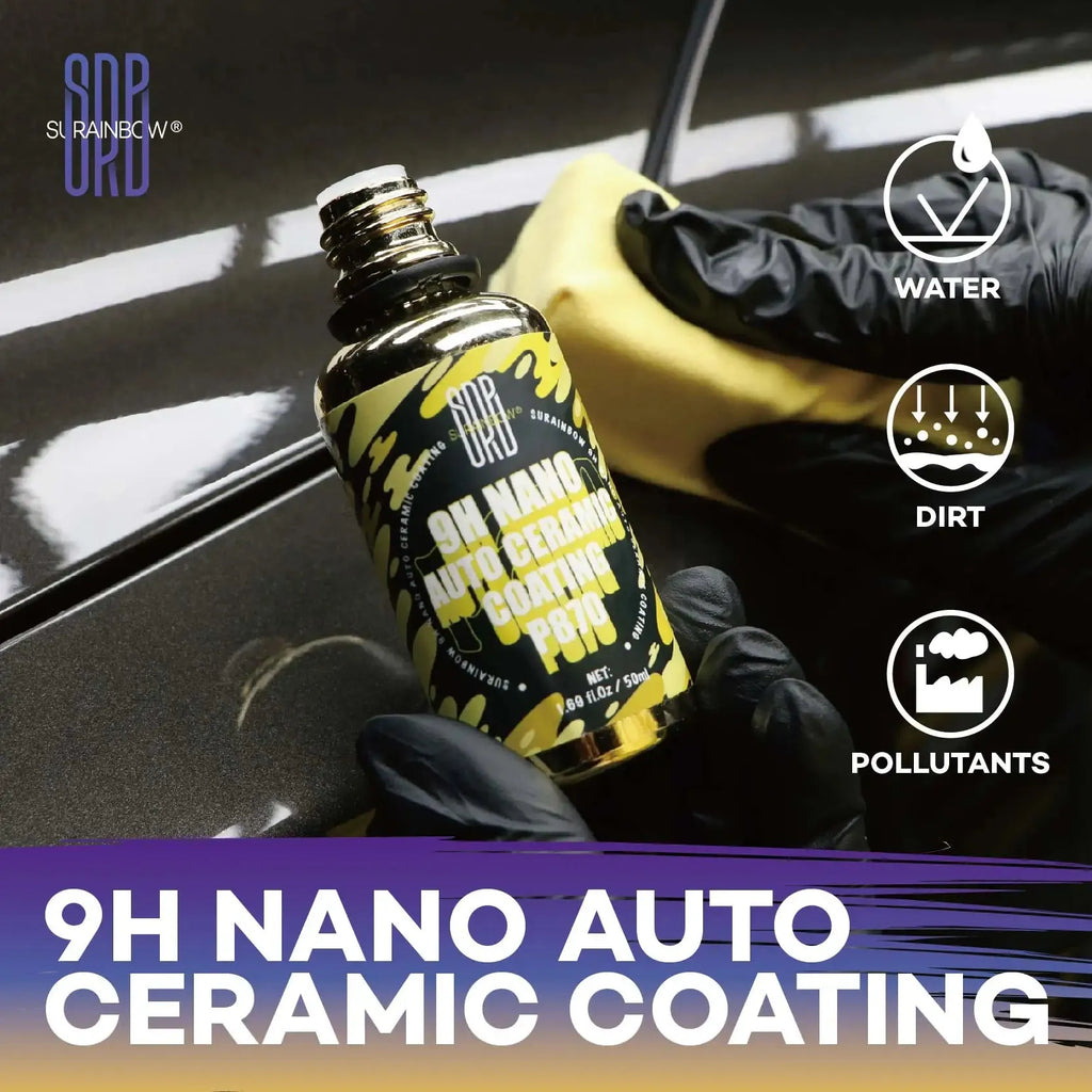 Ye9H Ceramic Coating 50ml Auto Nano Ceramic Coating Kit by SRB with yellow camo box, applicator sponge, and protective bottle for car exterior care.