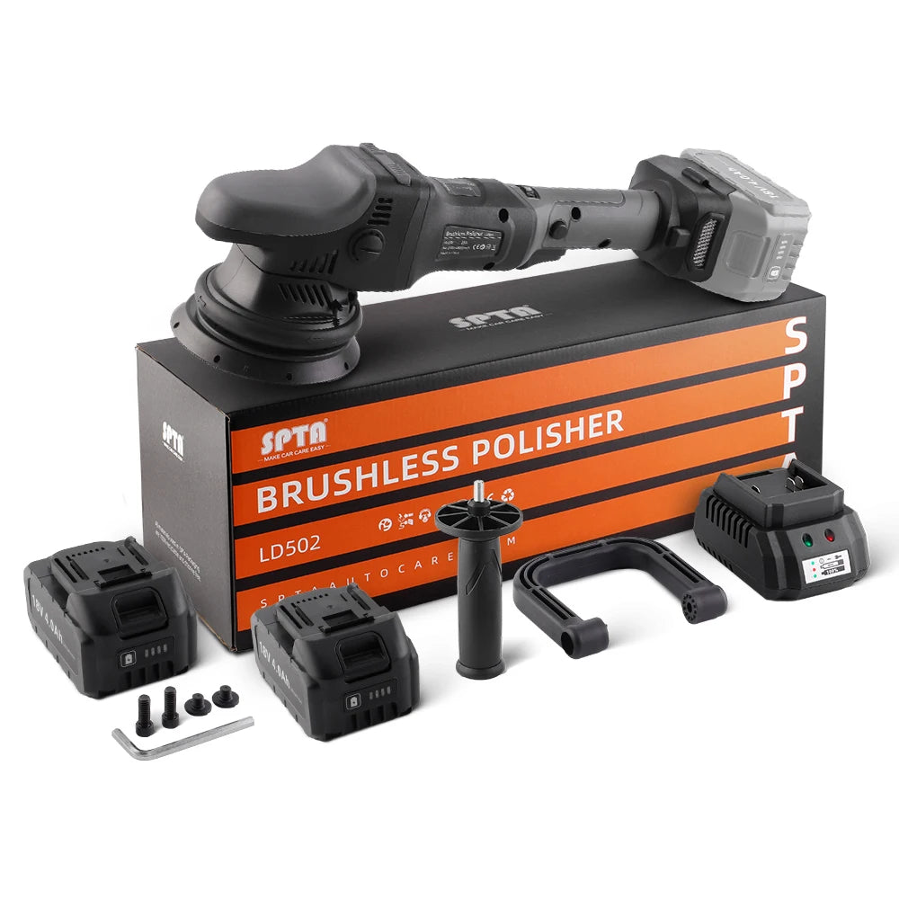 SPTA 18V 125mm Cordless Dual Action Car Polisher Orbit Polishing Machine Set Two 4000Ahm Battery for Buffing Waxing