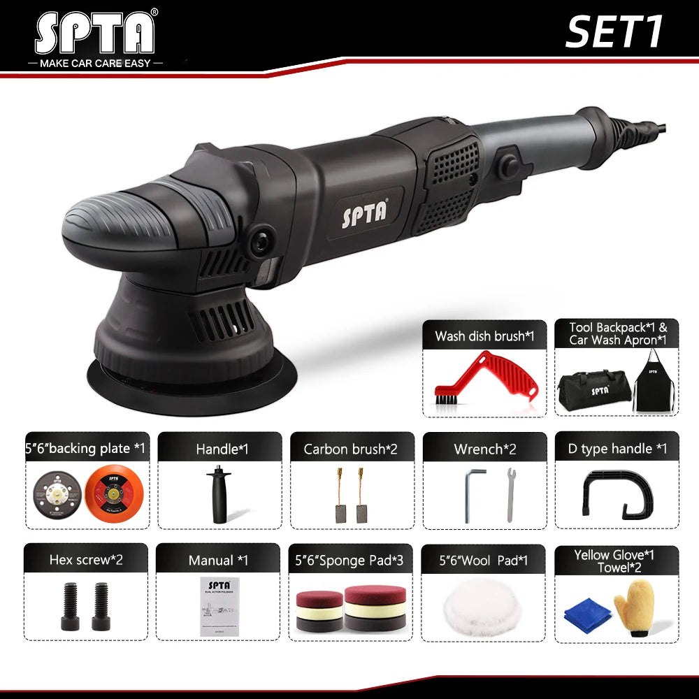 SPTA 5inch 780W Dual Action Polisher Orbit 15mm Auto Polisher DA Car Polisher Home DIY Polisher with Waxing Polishing Pads Set
