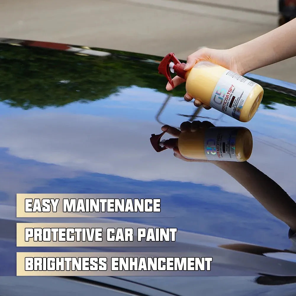 Ceramic Quick Spray - Super Hydrophobic Coating enhances car shine with high-gloss finish and water-repellent protection on black car hood.