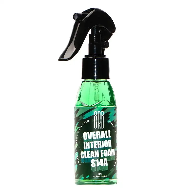 Total Interior Cleaner, Protectant & Upholstery Cleaner in a 100ml green spray bottle with black trigger for vehicle interior detailing. Ideal for leather, fabric, and plastic surfaces in cars.o