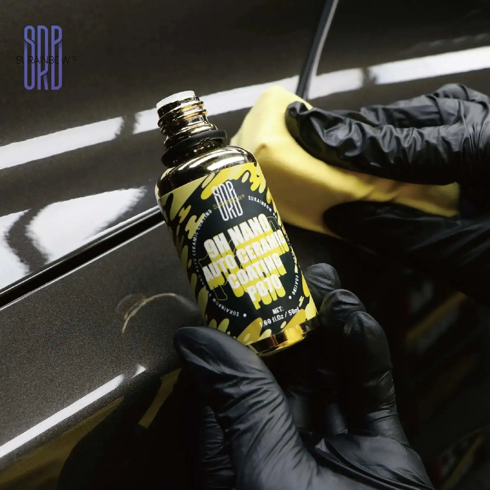 9H Ceramic Coating 50ml Auto Nano Ceramic Coating Kit by SRB with yellow camo box, applicator sponge, and protective bottle for car exterior care.