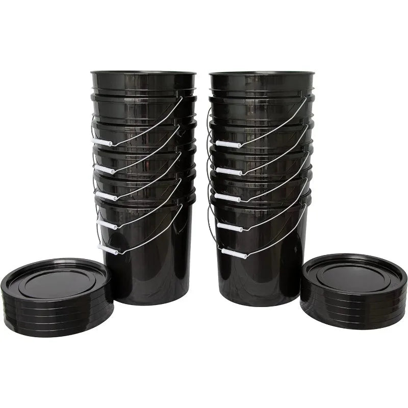 10 Buckets and 10 Lids, Black 4.4 Gallon - 20L Plastic Bucket Set
